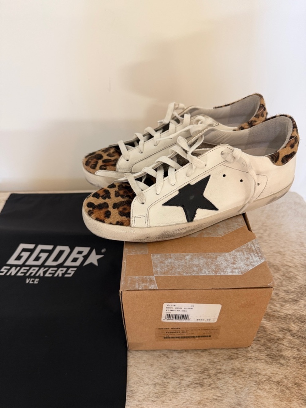 Golden Goose White Sneakers with Black Star and Leopard Accents